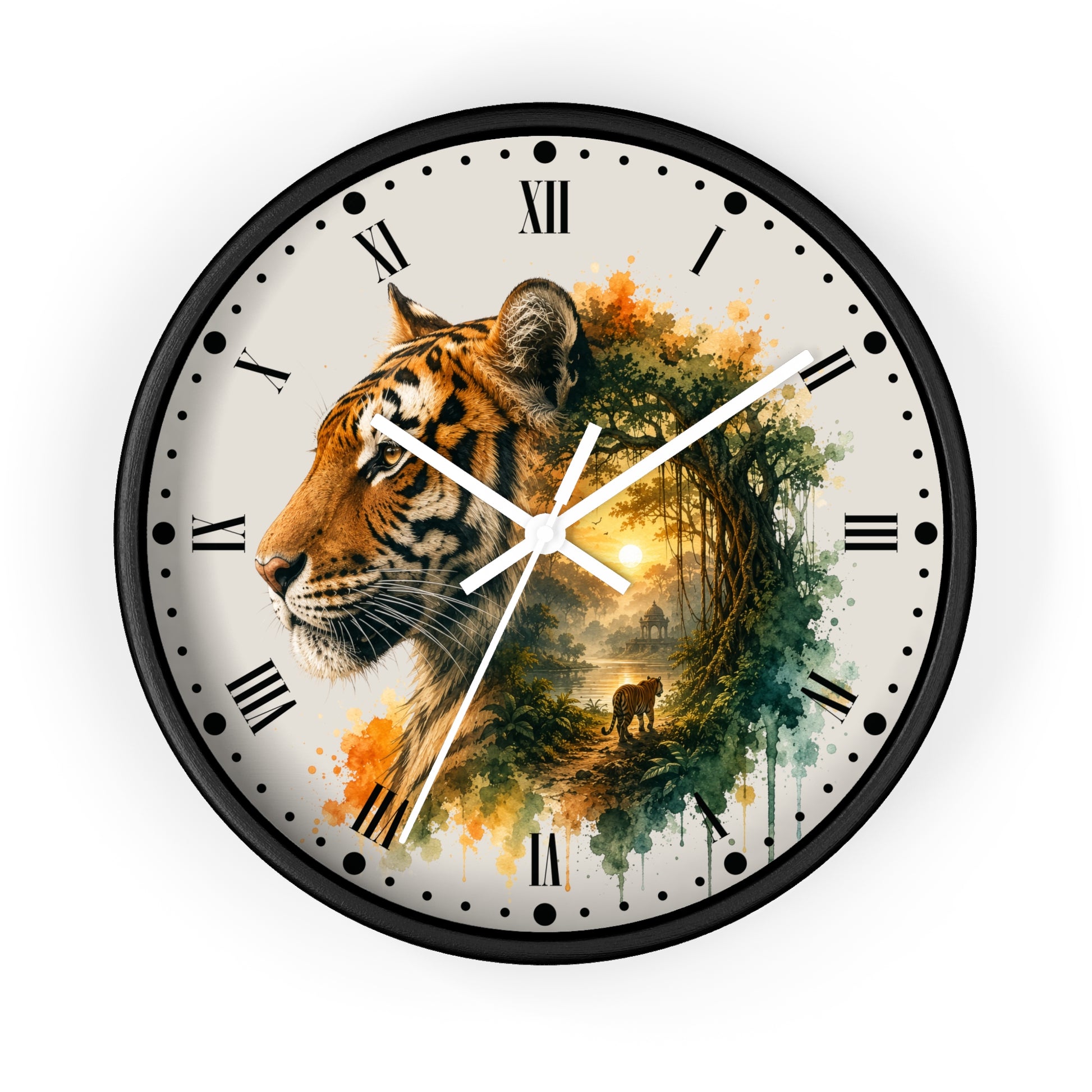 A round wall clock with a black frame and a printed face featuring a tiger's head on the left and a forest scene with a deer on the right, set against a plain white background.