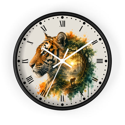 A round wall clock with a black frame and a printed face featuring a tiger's head on the left and a forest scene with a deer on the right, set against a plain white background.