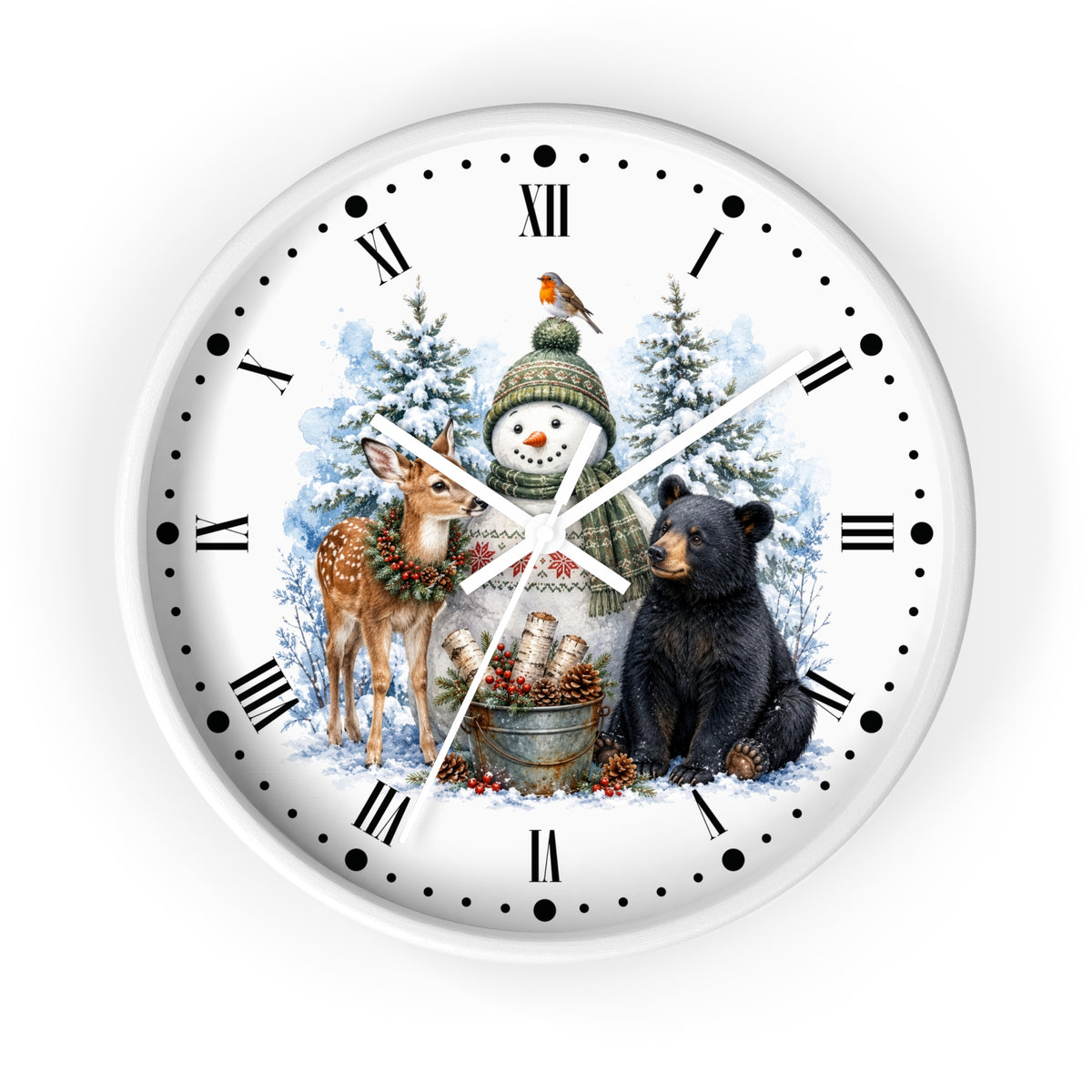 A round wall clock with a white face featuring a winter holiday illustration. The design shows a snowman in a green hat and scarf, a black bear, a deer, evergreen trees, and a small bird, with black Roman numerals and hands on a white background.