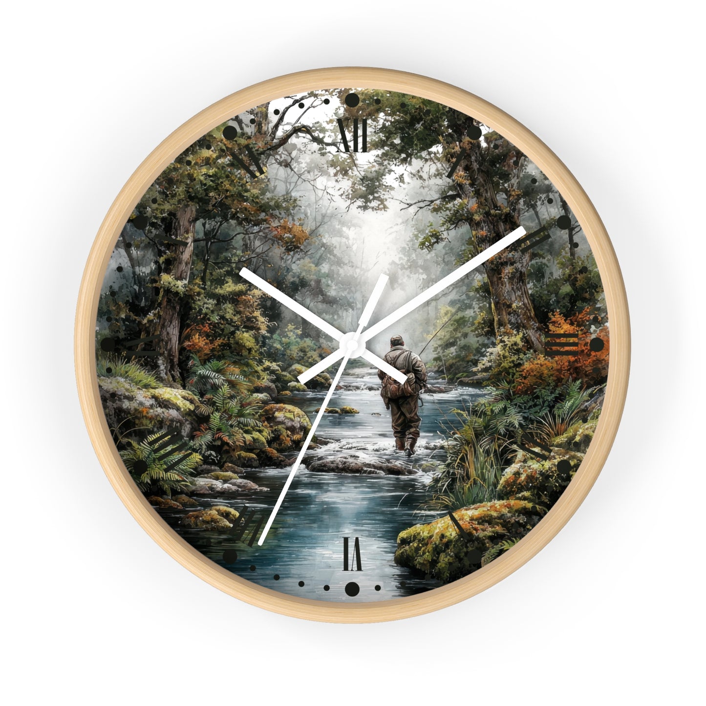 A round wall clock with a light natural wood frame, featuring a scenic print of a fisherman standing in a flowing stream surrounded by a dense forest. The clock has white hands and black Roman numeral hour markers.