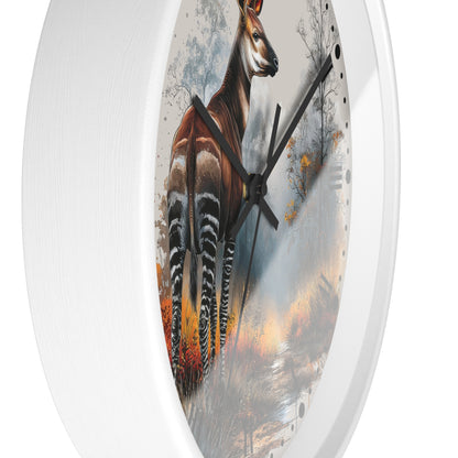 Round wall clock with a white frame and a printed illustration of an okapi antelope standing in a misty forest, shown against a plain white background.