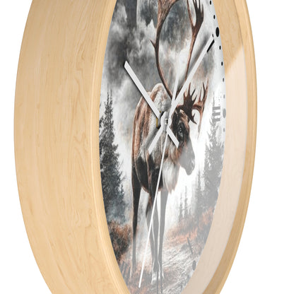 Round wall clock with a light natural wood frame and a printed deer artwork on the face, shown against a plain white background.