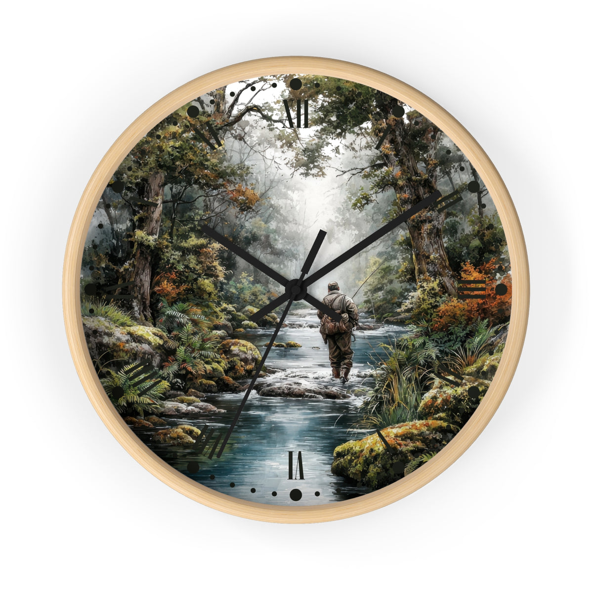 Round wall clock with a light wood frame and black hands, featuring a scenic forest illustration of a person walking across a stream on the clock face, shown against a plain white background.