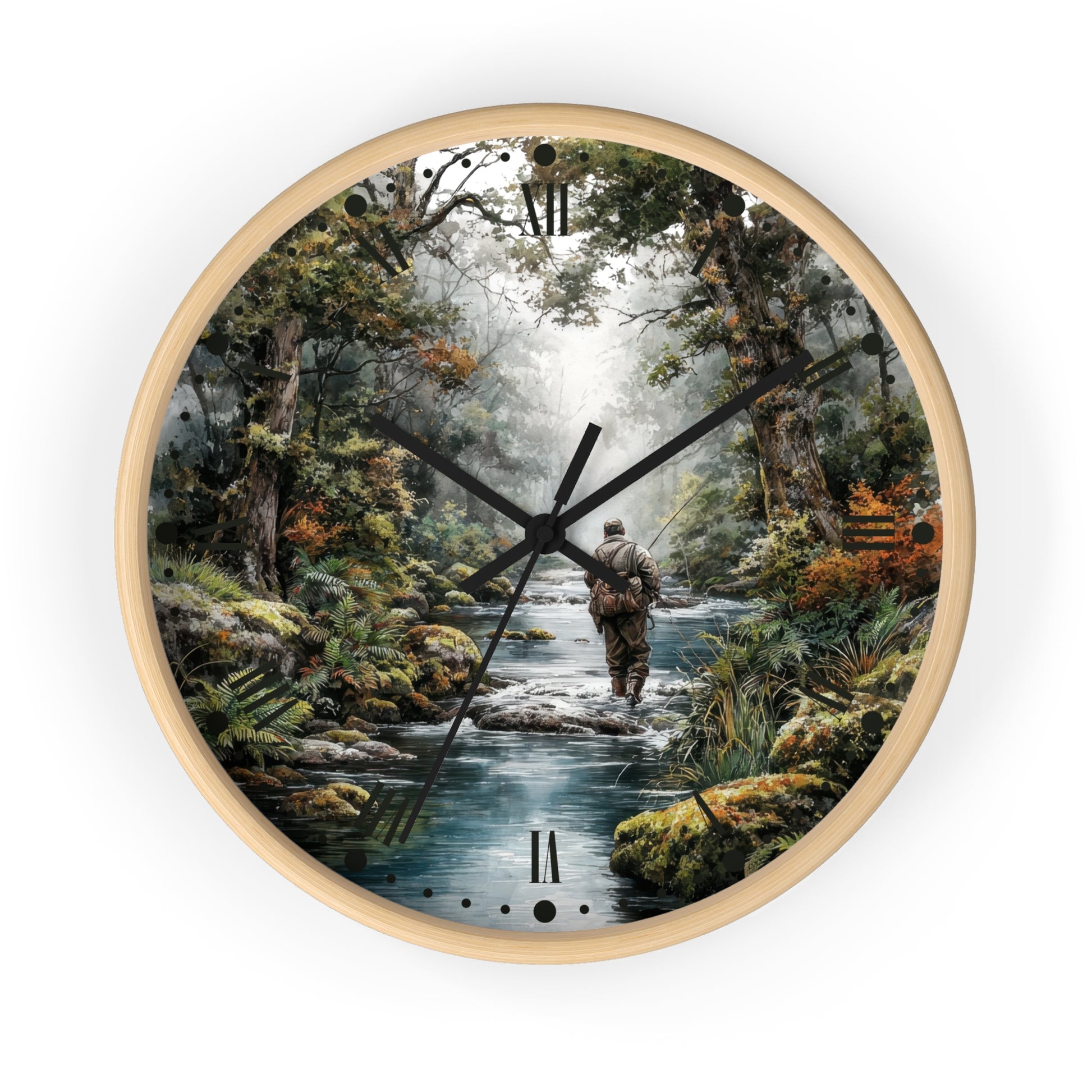Round wall clock with a light wood frame and black hands, featuring a scenic forest illustration of a person walking across a stream on the clock face, shown against a plain white background.