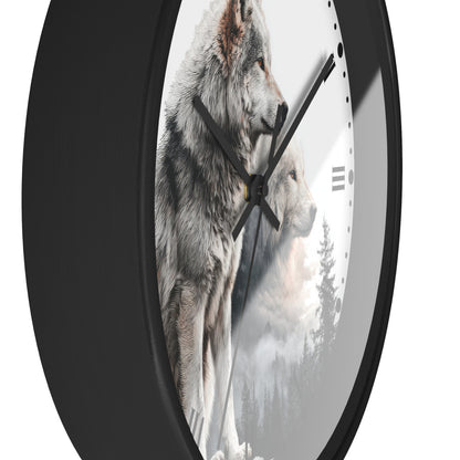 A round wall clock with a black frame and a printed design of two wolves in a misty forest on the clock face, shown against a plain white background.
