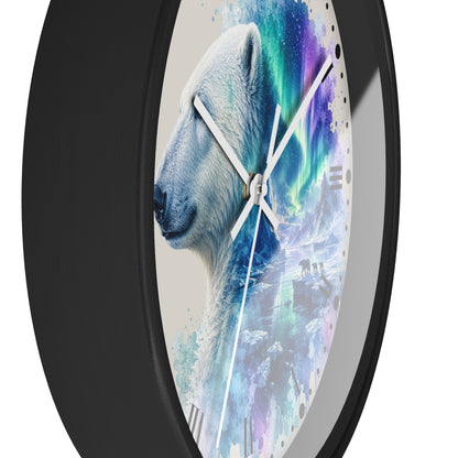 Polar Bear Aurora Wall Clock — Arctic Northern Lights Wildlife Decor