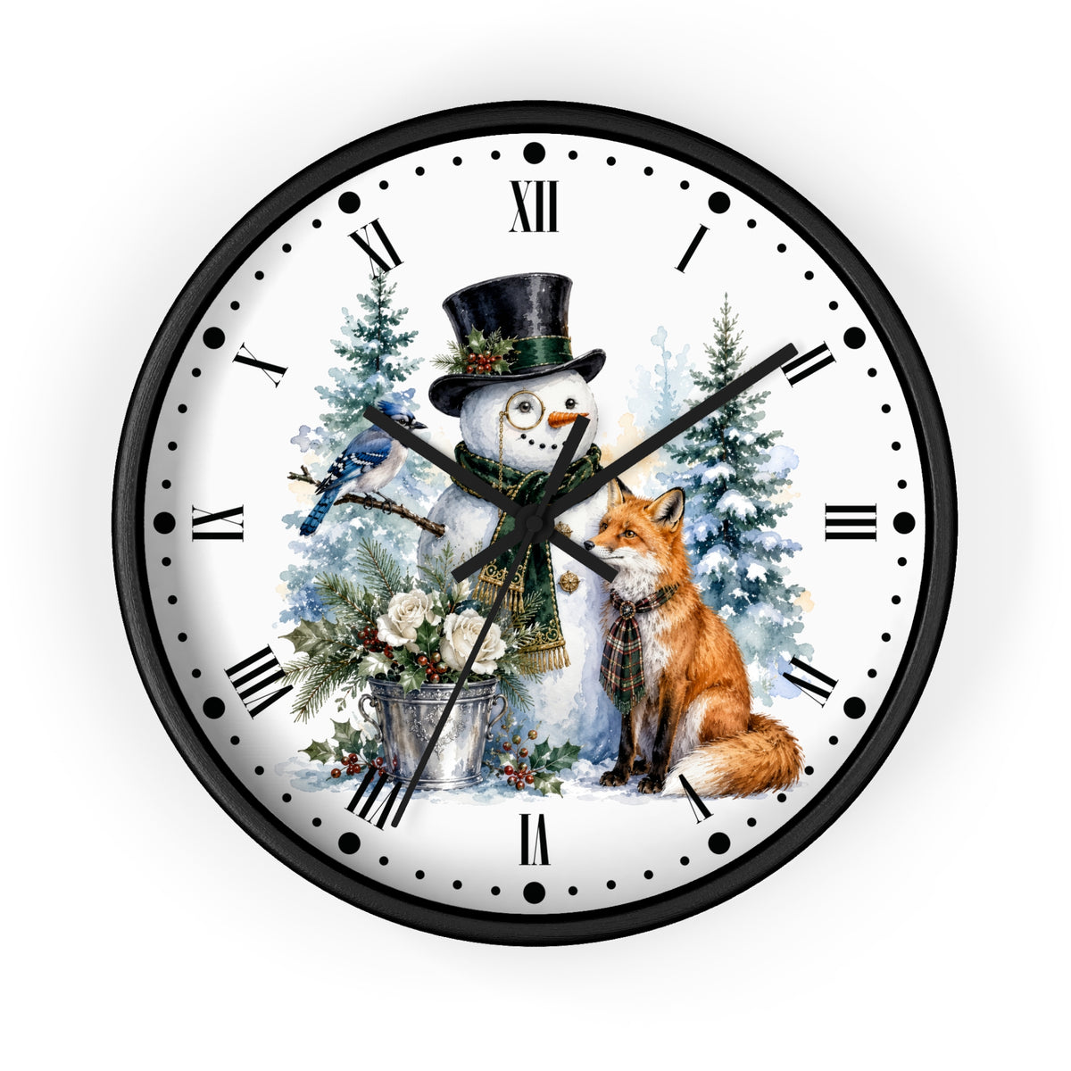 A round wall clock with a black frame and a white face featuring a winter illustration of a snowman in a top hat, a fox, evergreen trees, a bird, and Roman numerals.