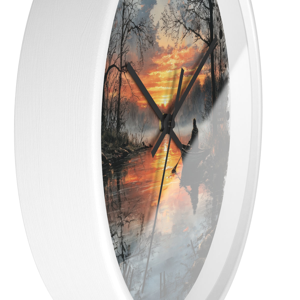 Oval wall clock with a white frame and a printed scenic design of a misty forest lake at sunset, shown against a plain white background.