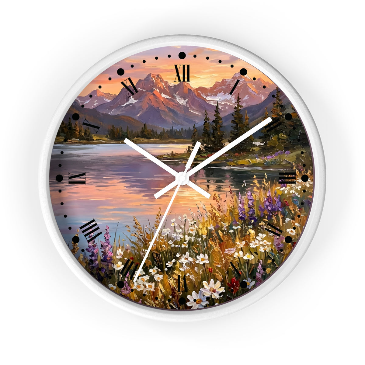 A round wall clock with a white frame and a scenic landscape print featuring mountains, a lake, trees, and wildflowers. The clock face has black Roman numerals and white hands, shown against a plain white background.