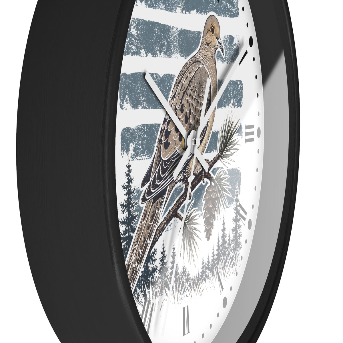 A close-up of a round wall clock with a black frame and a white dial featuring an illustration of a brown dove bird perched on a pine branch against a blue-and-white striped background.