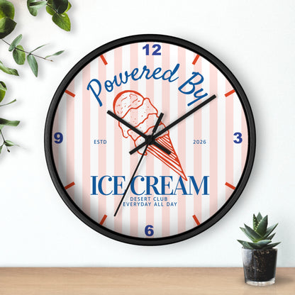 Desert Club Wall Clock | "Powered By Ice Cream" Retro Striped Dessert Kitchen Decor