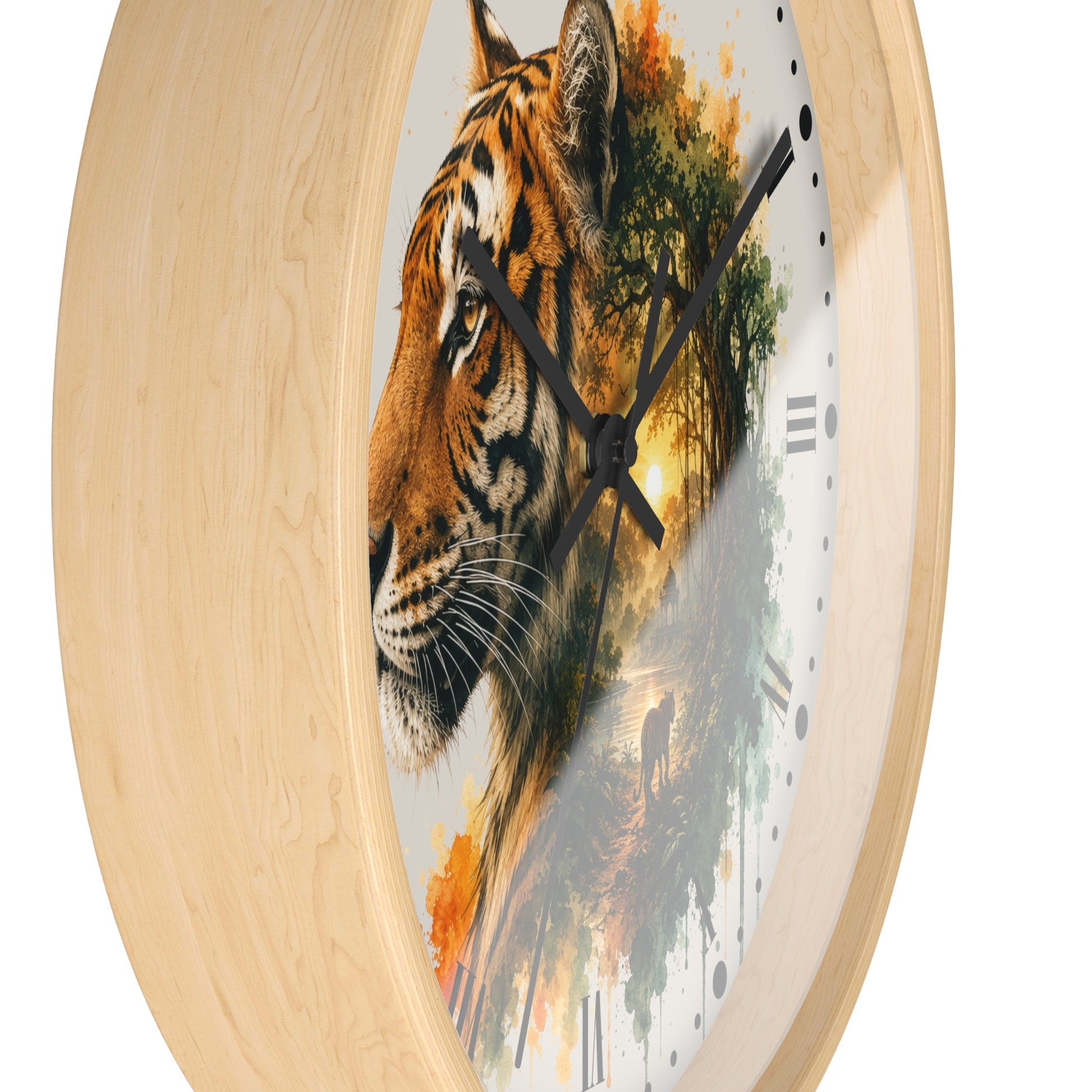 Round wall clock with a light natural wood frame and a printed face featuring a tiger head over a forest scene, with black hands and no visible numbers.