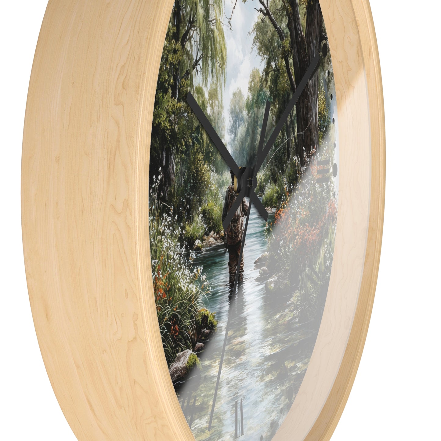 Round wall clock with a light natural wood frame and a printed scenic insert showing a person wading through a stream in a forest.