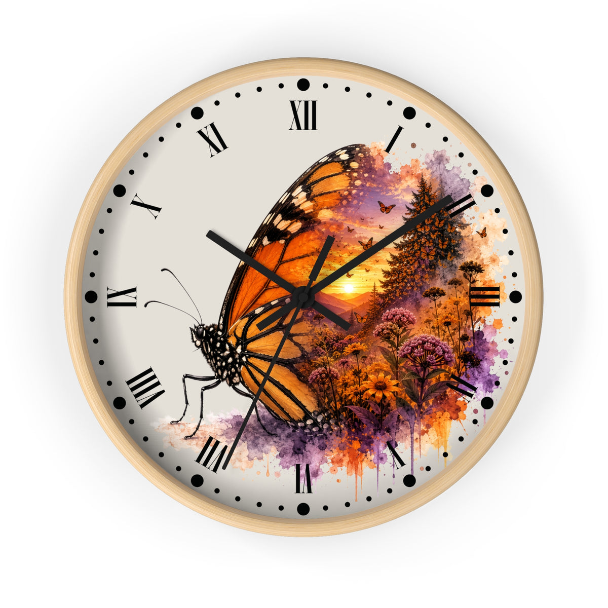Round wall clock with a light wood frame and a printed butterfly artwork. The clock face is off-white with black Roman numerals and markers, and the central design shows a large orange-and-black butterfly over a sunset landscape with purple and orange floral watercolor details.