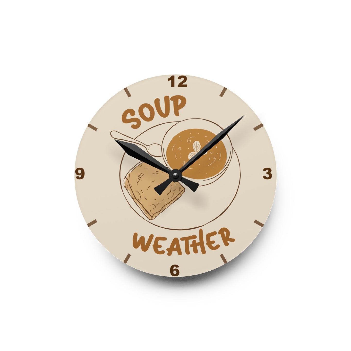 Soup Weather Acrylic Wall Clock — Cozy Kitchen Clock with Soup & Bread Illustration