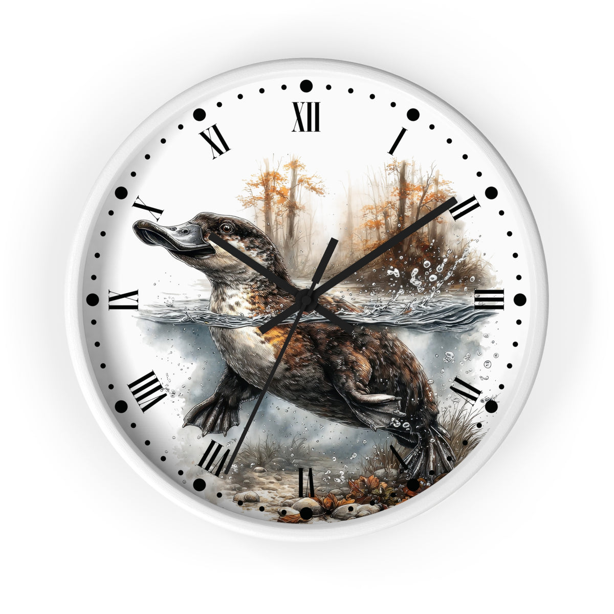 Duckbill Platypus Wall Clock with Roman Numerals — Rustic Woodland Animal Decor
