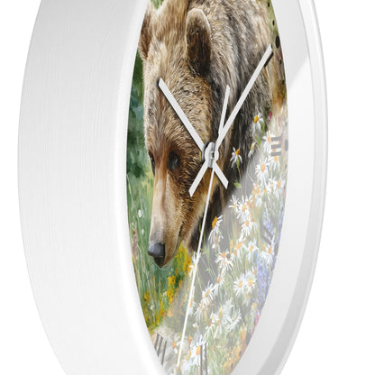 Grizzly Bear in Wildflower Meadow Wall Clock — Rustic Nature Animal Decor