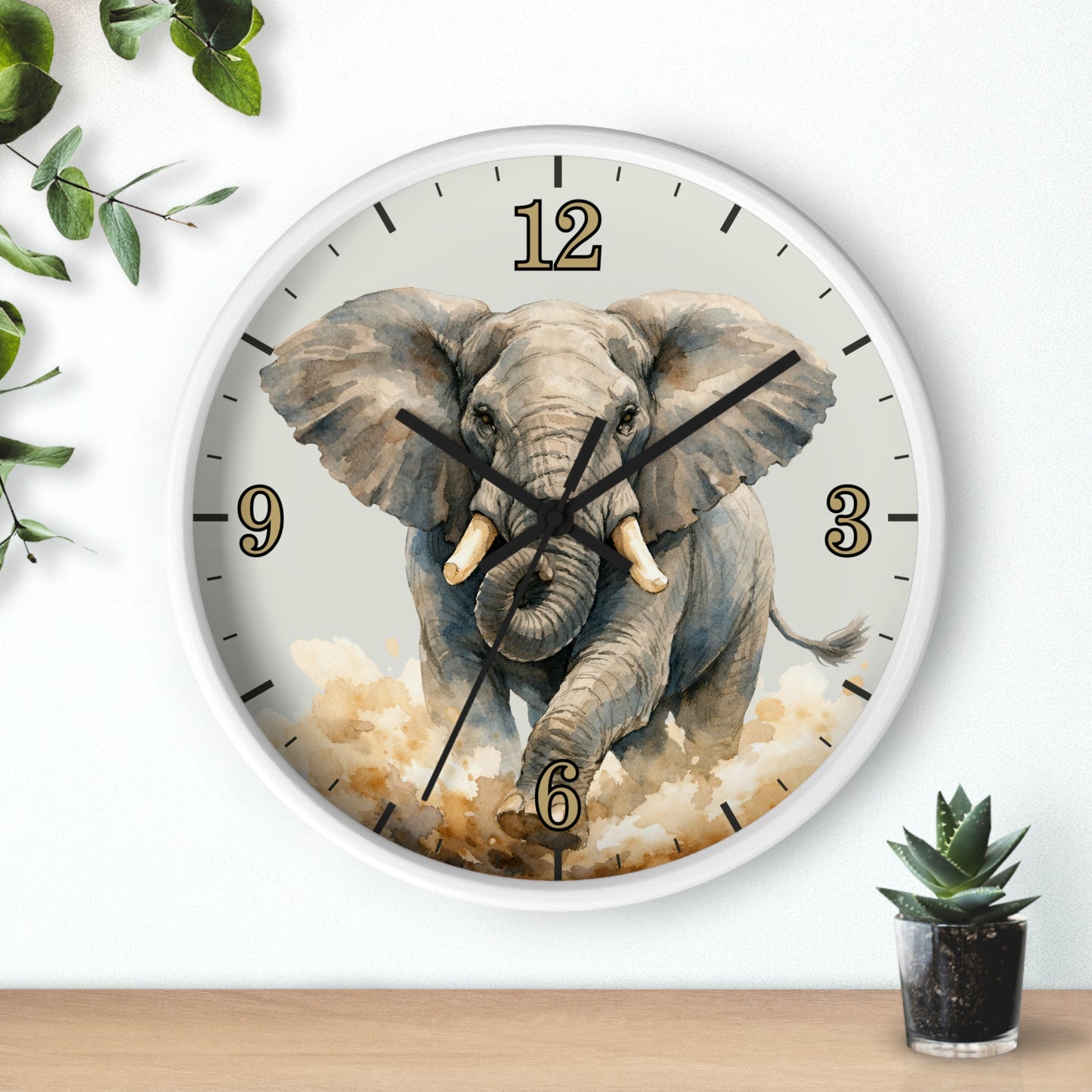 Charging Africn Elephant Wall Clock — Majestic Watercolor Safari Home Décor