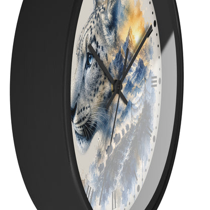 A round wall clock with a black frame and a printed face featuring a stylized snow leopard in blue, gray, and cream tones with a warm golden area near the top, shown against a plain white background.