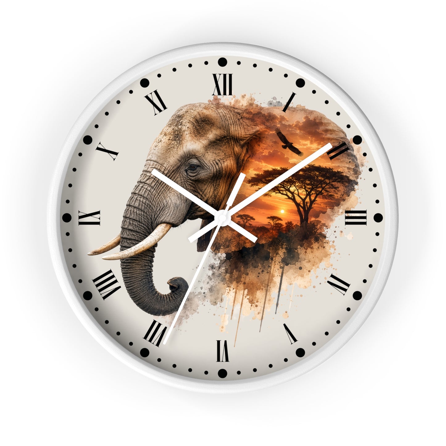 A round wall clock with a white frame and a printed safari design featuring an elephant, acacia tree, and sunset over a savanna, with black Roman numerals and white hands on a white background.