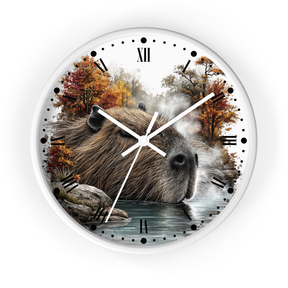 Capybara Autumn Wall Clock with Roman Numerals — Nature-Inspired Animal Decor