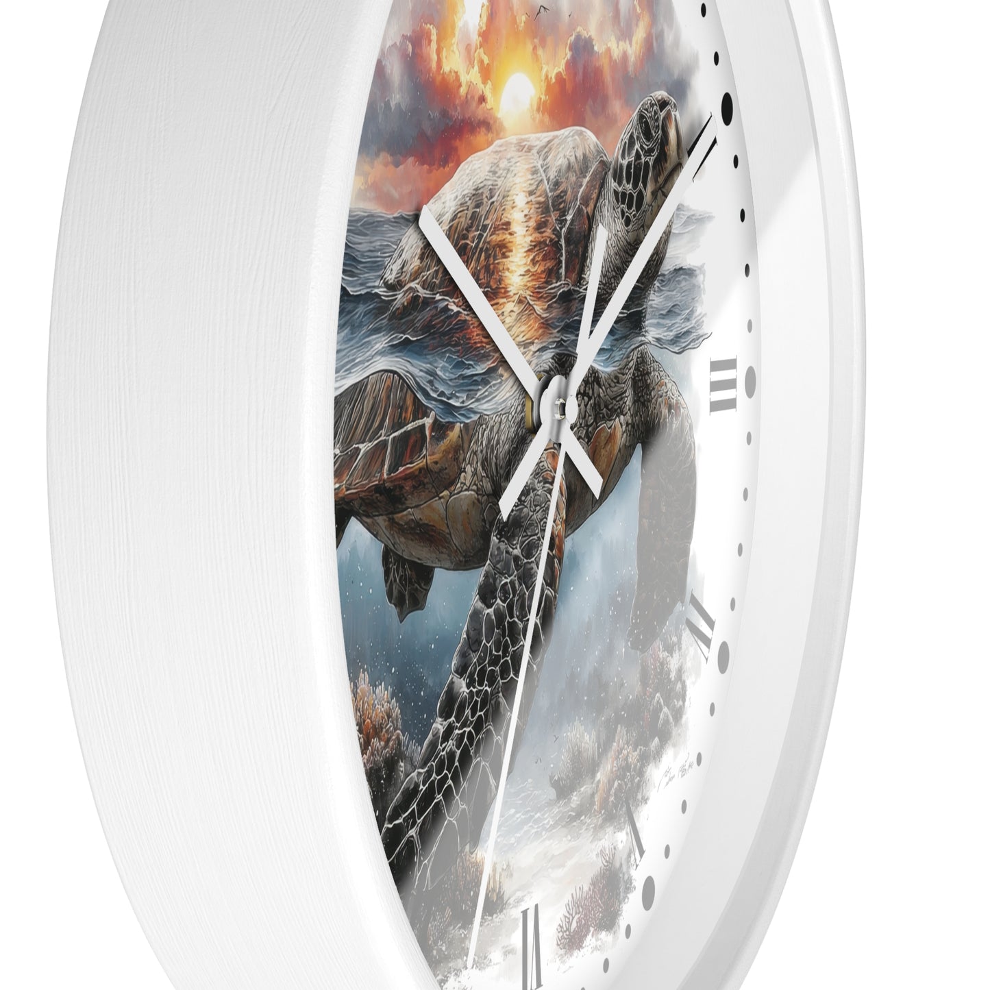 White round wall clock with a detailed sea turtle swimming underwater design on the face, featuring white hands and black Roman numerals.