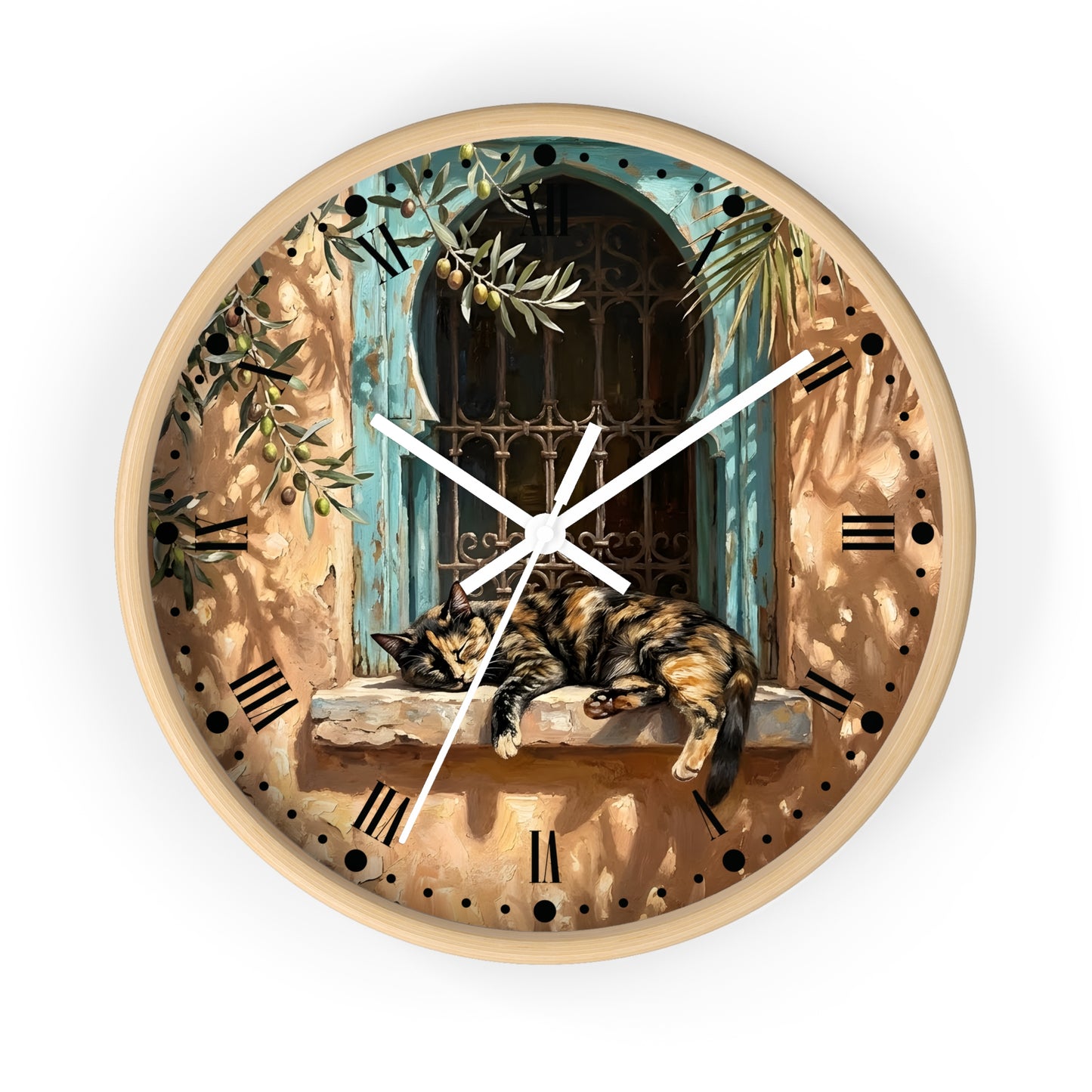 Mediterranean Torte Cat Wall Clock — Sleeping Calico Tabby Window Scene