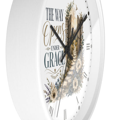Rustic Floral Inspirational Wall Clock - "The Way Opens Under Grace"  Christian Home Decor