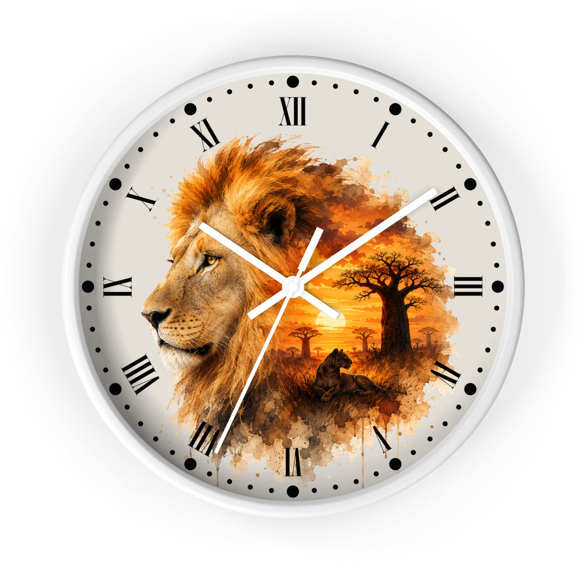 A round wall clock with a white frame and Roman numeral hour markers, featuring a watercolor-style lion portrait and African savanna landscape in warm orange, brown, and beige tones on the face.
