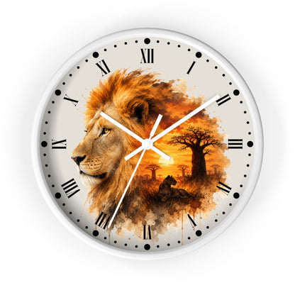 A round wall clock with a white frame and Roman numeral hour markers, featuring a watercolor-style lion portrait and African savanna landscape in warm orange, brown, and beige tones on the face.