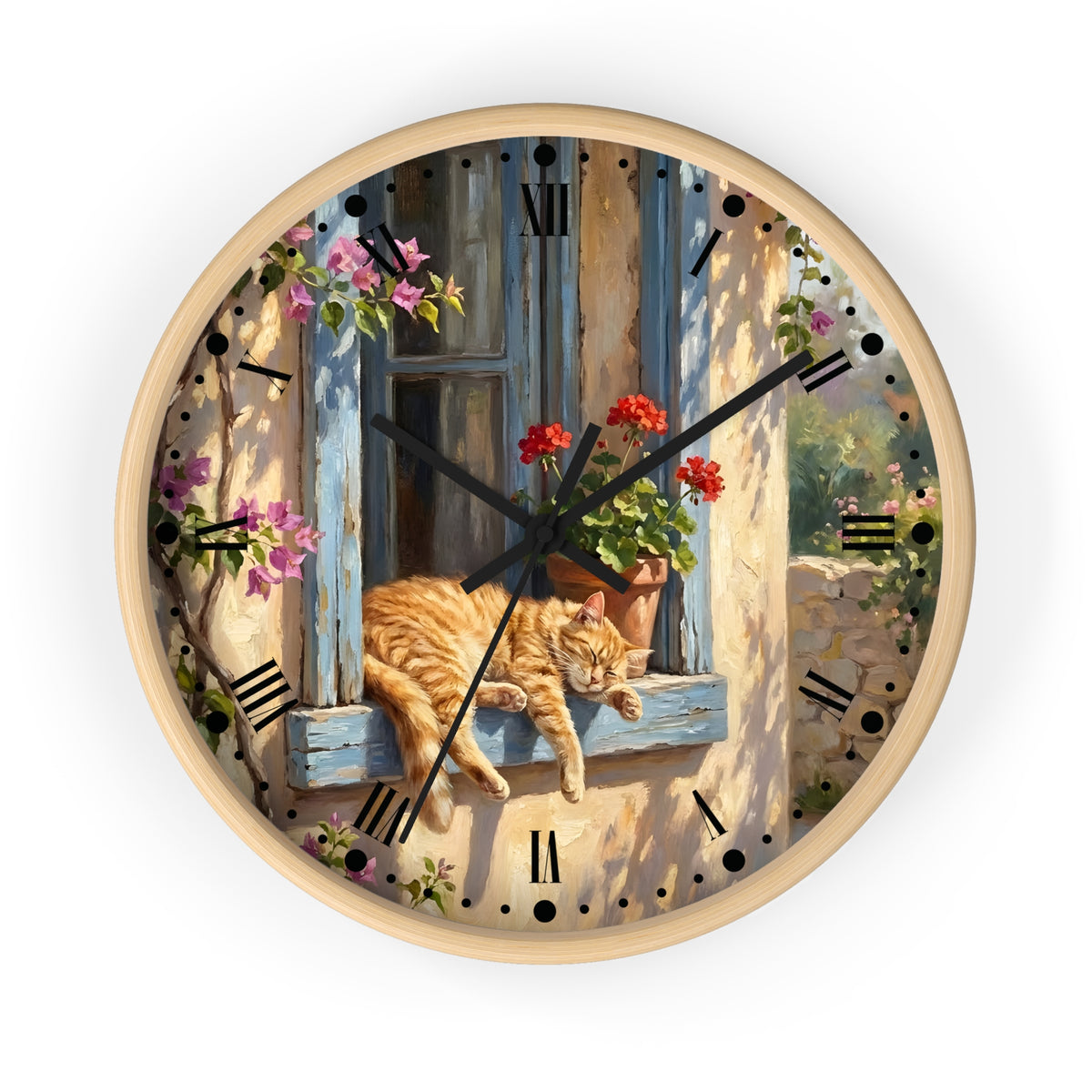 Round wall clock with a light wood frame and a printed illustration of an orange tabby cat resting on a blue window sill with red flowers, set against a clean white background.