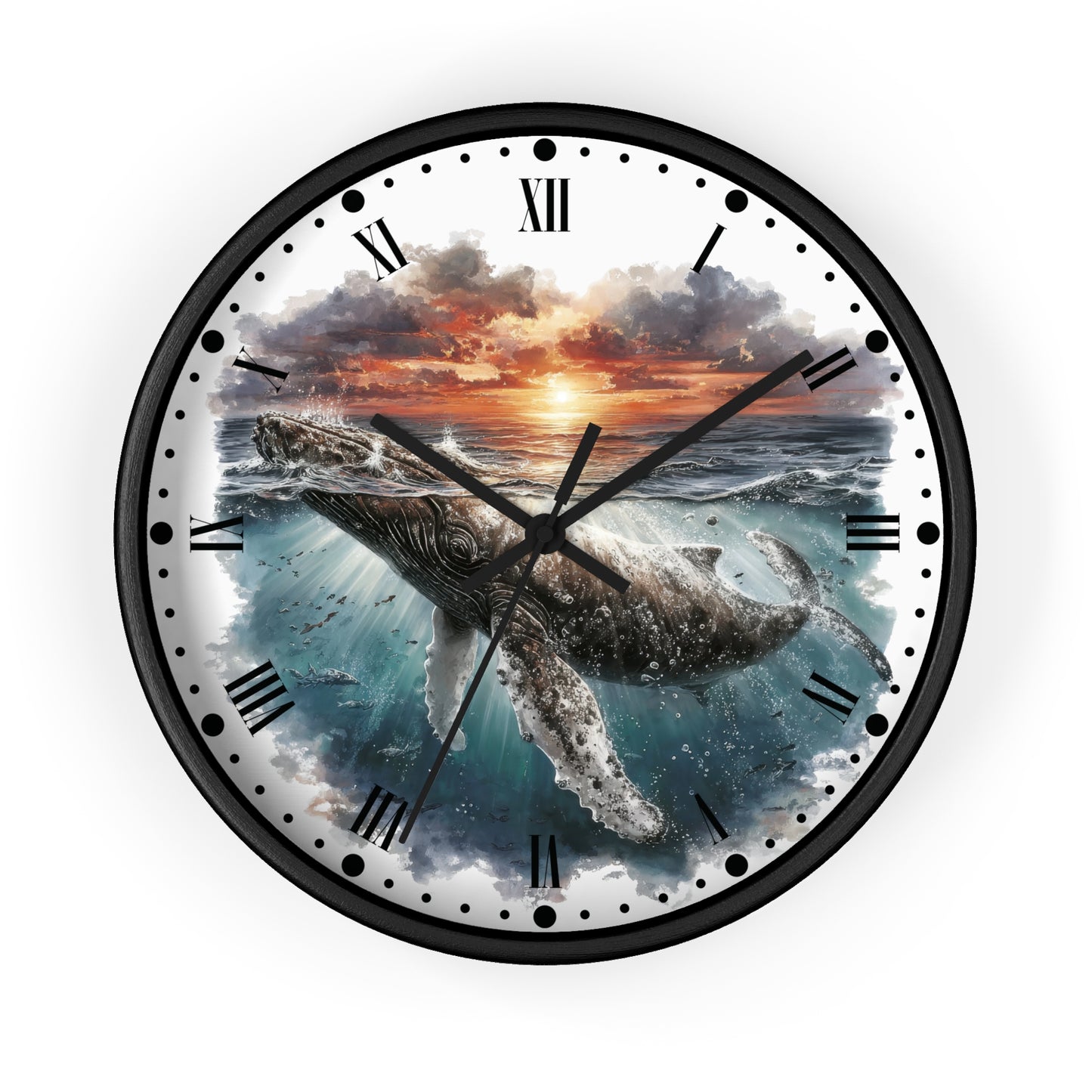 A round wall clock with a black frame and Roman numerals, featuring a printed design of a humpback whale swimming in ocean waves at sunset.