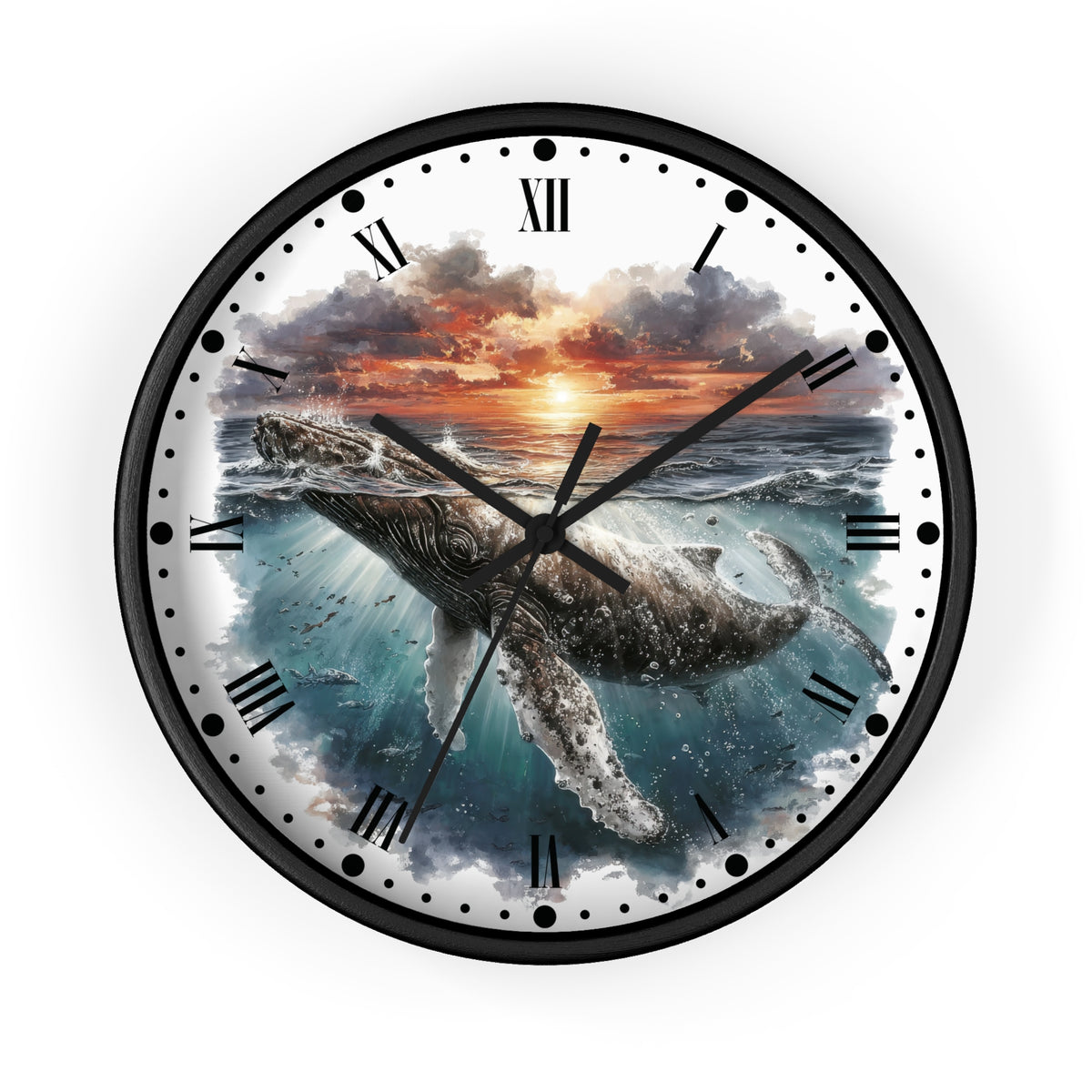 A round wall clock with a black frame and Roman numerals, featuring a printed design of a humpback whale swimming in ocean waves at sunset.