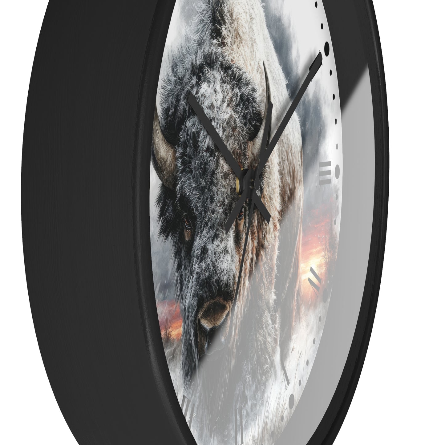 A round wall clock with a black frame and a printed bison faceplate, shown at an angle against a plain white background.