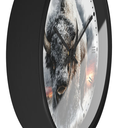 A round wall clock with a black frame and a printed bison faceplate, shown at an angle against a plain white background.