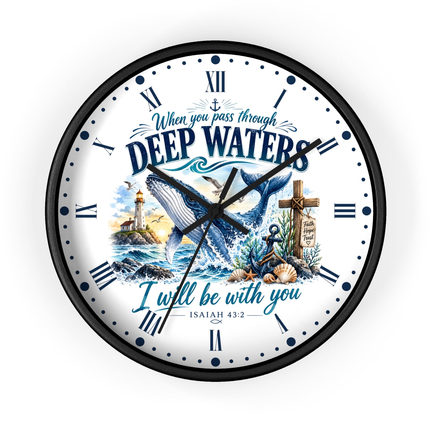 Christian Inspirational Wall Clock — 'When You Pass Through Deep Waters' (Isaiah 43:2)