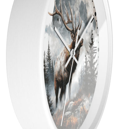 Round white wall clock featuring a printed scenic design of an elk deer in a misty forest with pine trees and mountains.
