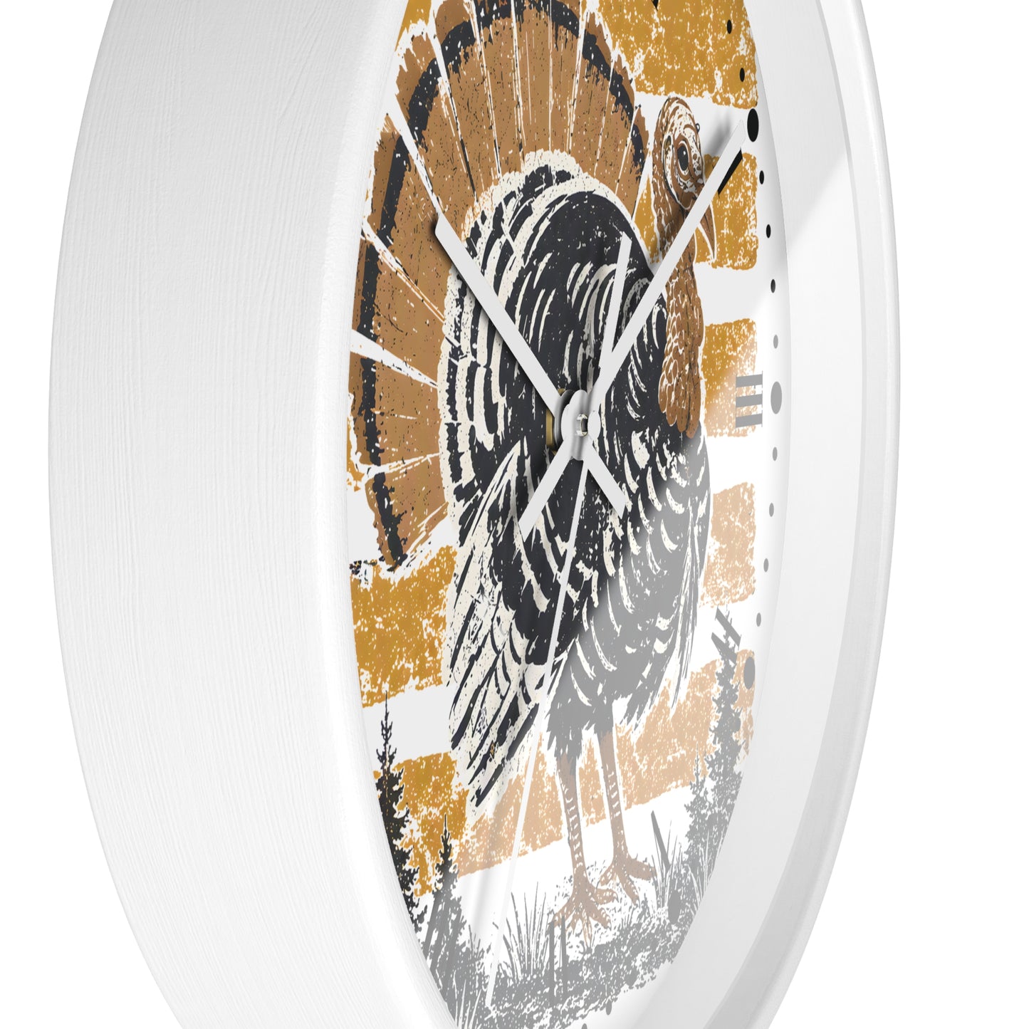 A white round wall clock with a distressed graphic of a turkey on the face, set against a clean white background.