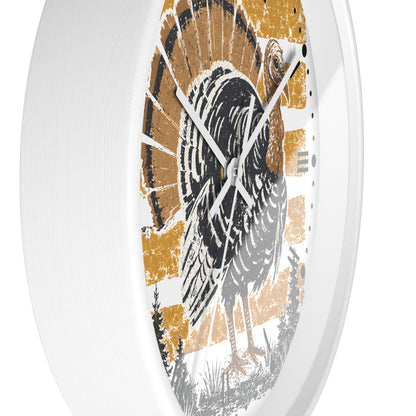 A white round wall clock with a distressed graphic of a turkey on the face, set against a clean white background.