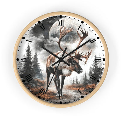 Round wall clock with a light wood frame and a printed scenic dial showing a reindeer standing in a forest under a large moon, with black Roman numerals and hands on a white background.