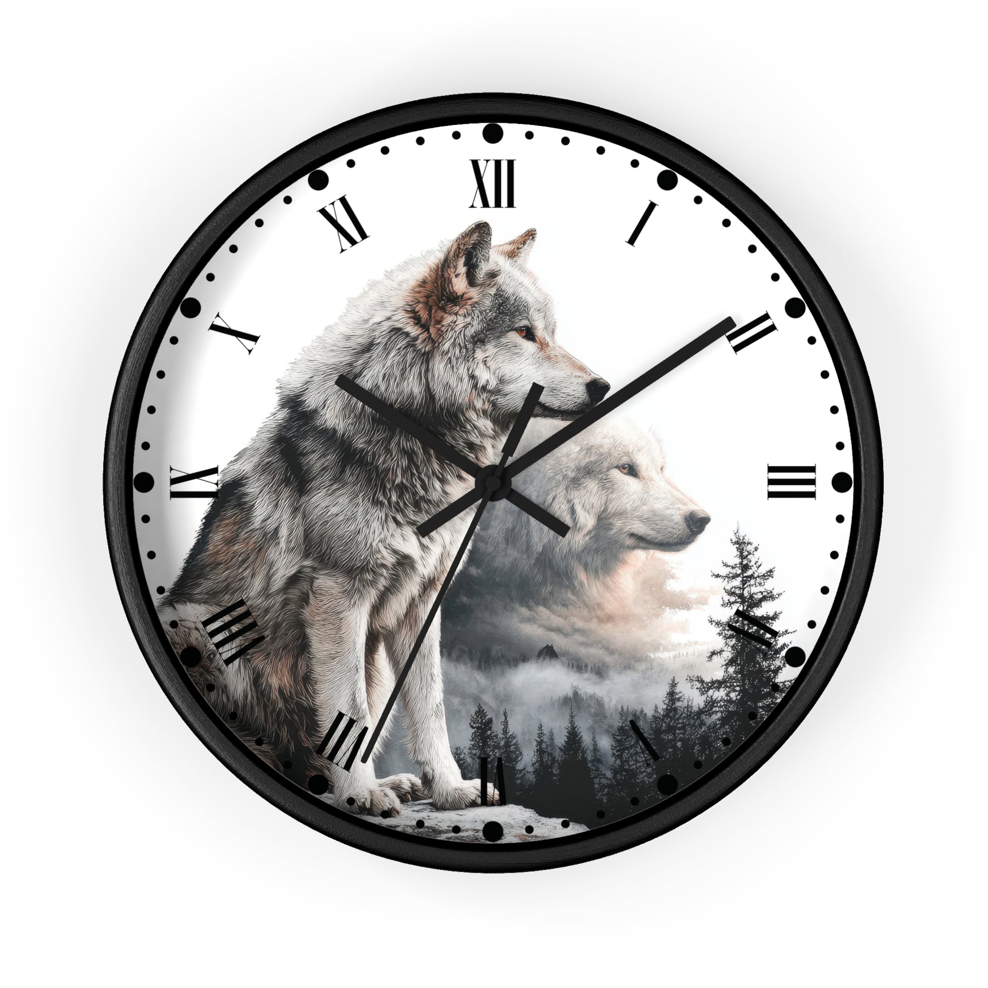 A round wall clock with a black frame and a white face featuring a printed graphic of two wolves over a misty forest landscape. The clock has black Roman numerals and black hands.