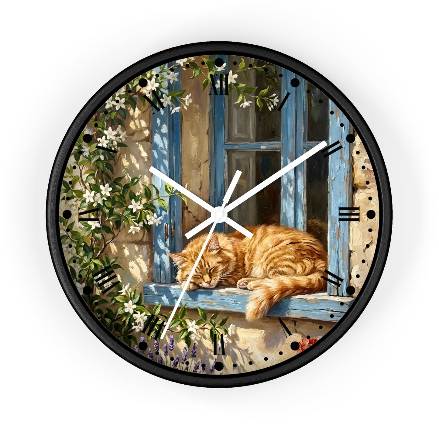 Round wall clock with a black frame and a printed illustration of an orange tabby cat sleeping on a blue window sill, surrounded by climbing white flowers and green leaves. The clock has white hands and black Roman numerals on a light beige background.