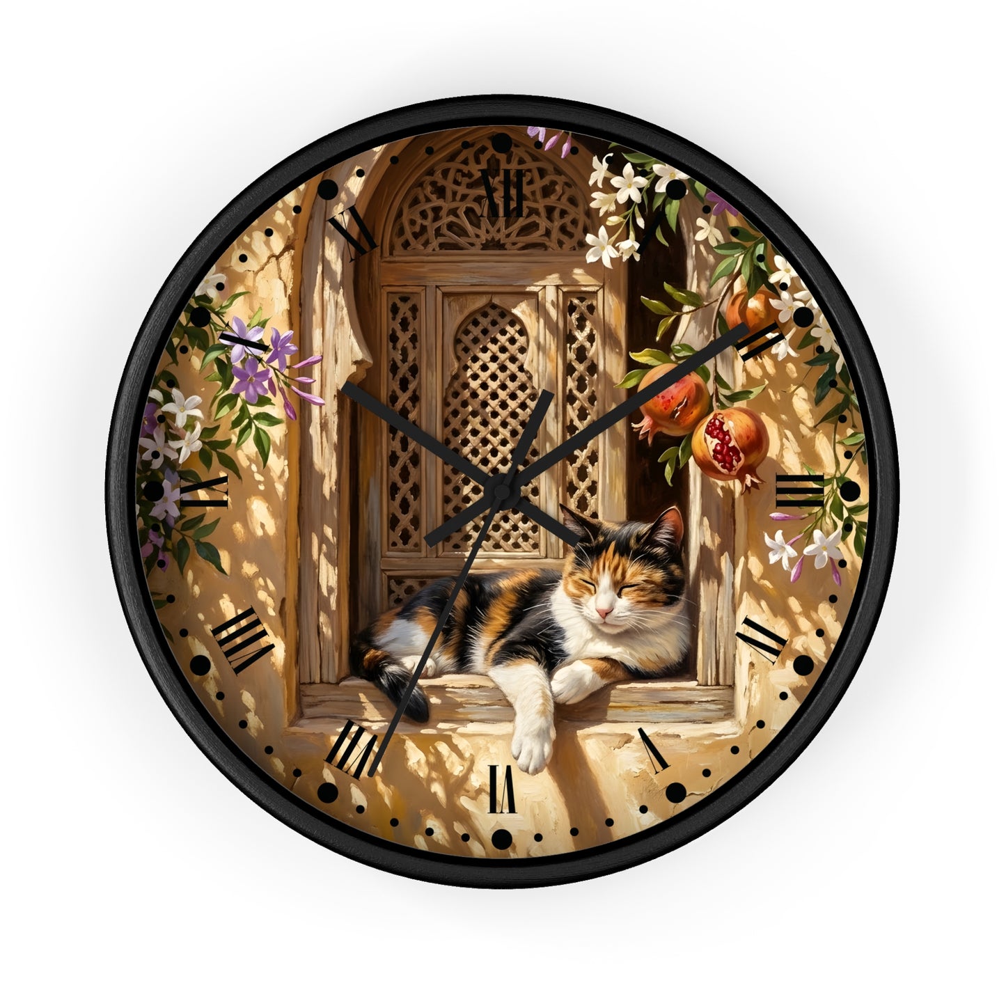 A round wall clock with a black frame and a printed illustration of a calico cat lounging on a wooden window ledge, surrounded by flowers, pomegranates, and a warm beige background. The clock is shown against a plain white background.