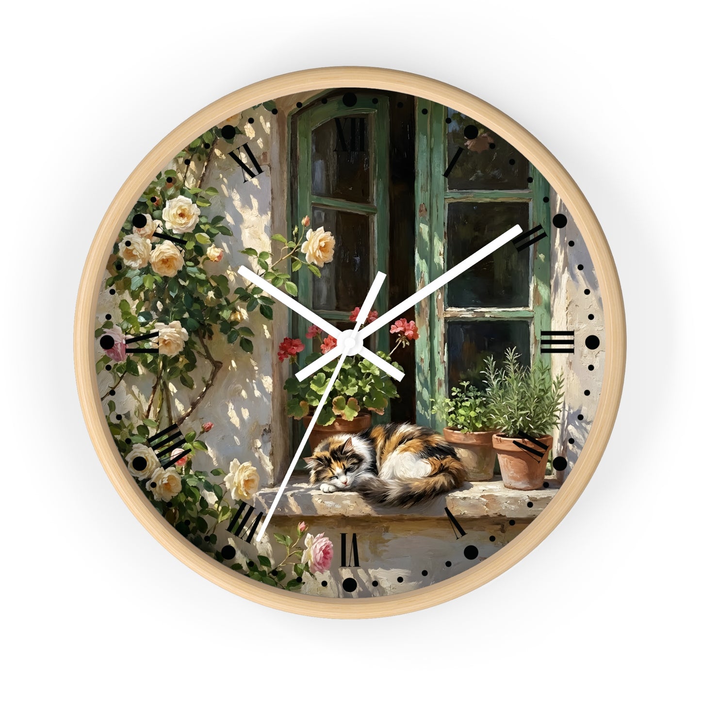 Round wall clock with a light wood frame and a printed scenic design featuring a cat resting on a windowsill beside climbing roses and potted plants, with white clock hands and black Roman numerals.