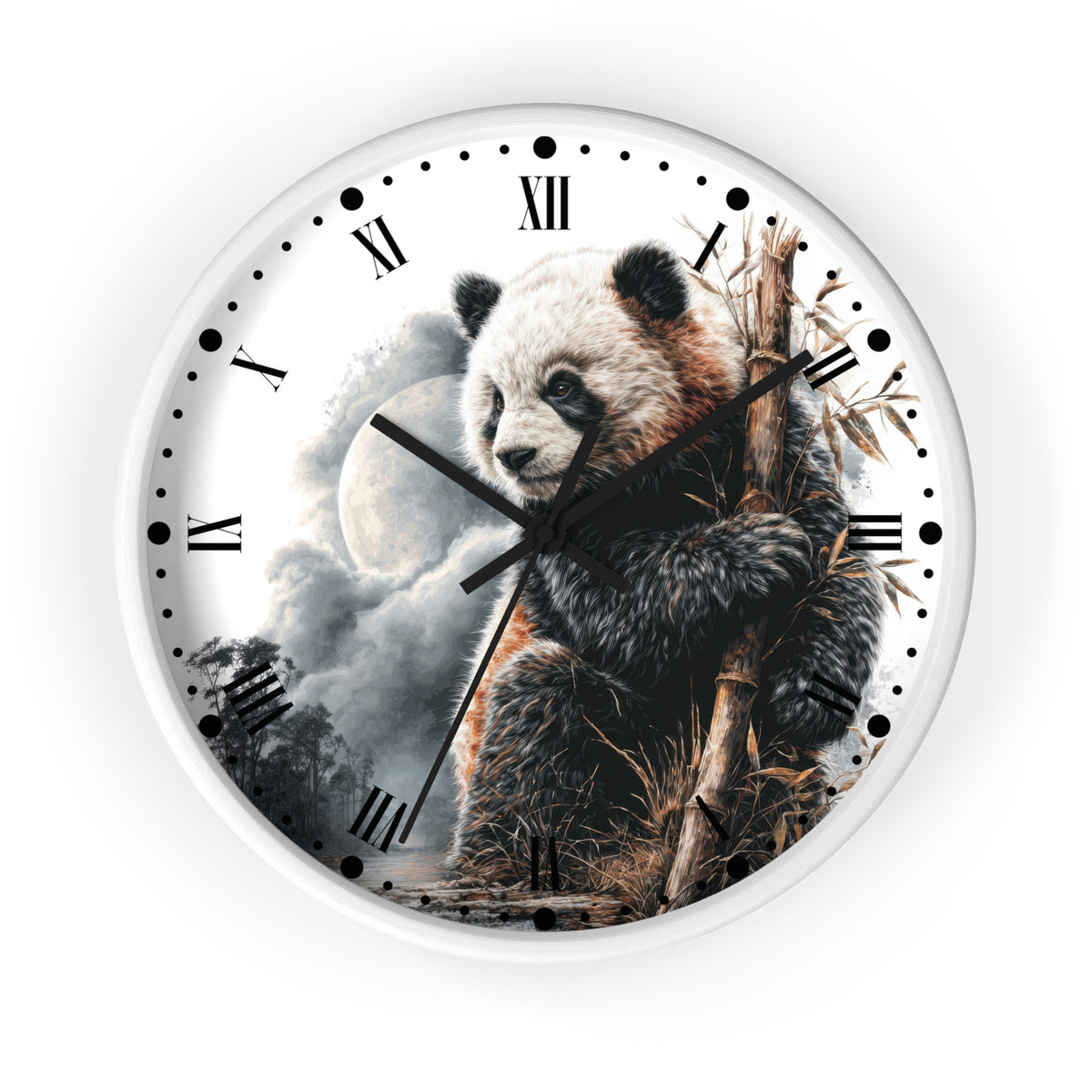 Round wall clock with a white frame and a printed panda illustration on the face, holding bamboo against a cloudy sky with a moon, plus black Roman numerals and hands.
