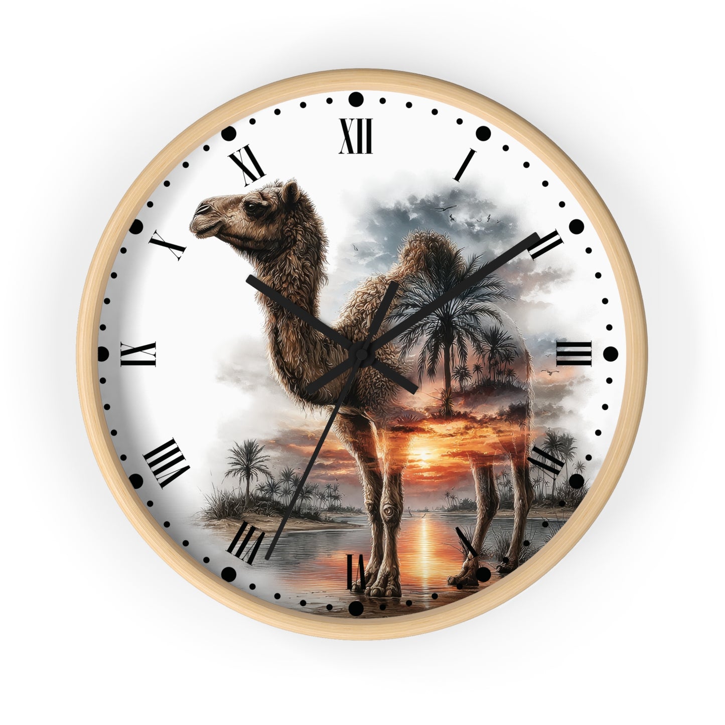 Round wall clock with a light wood frame and black Roman numerals, featuring a printed design of a camel standing in a desert landscape at sunset on the clock face.