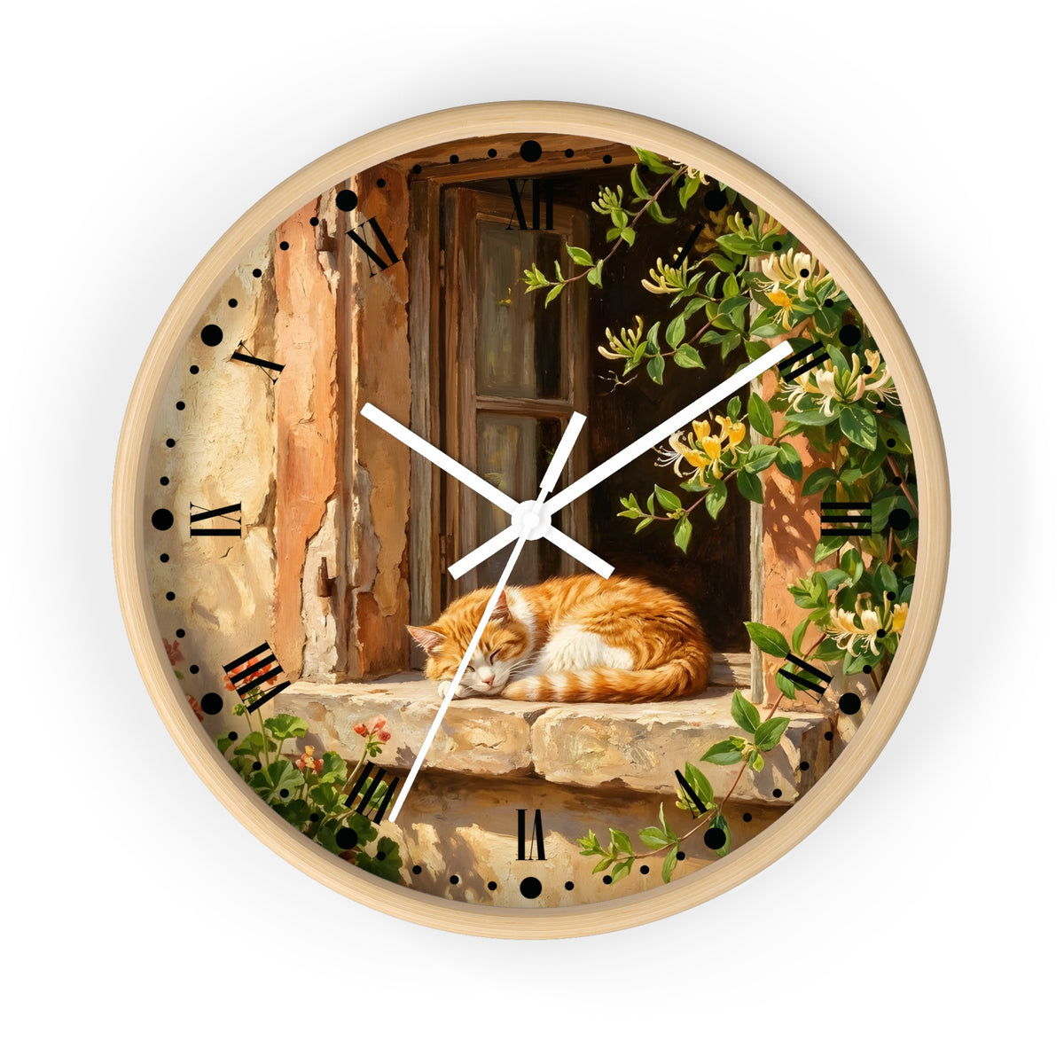 Sleeping Ginger Cat Wall Clock — Rustic Animal Home Decor