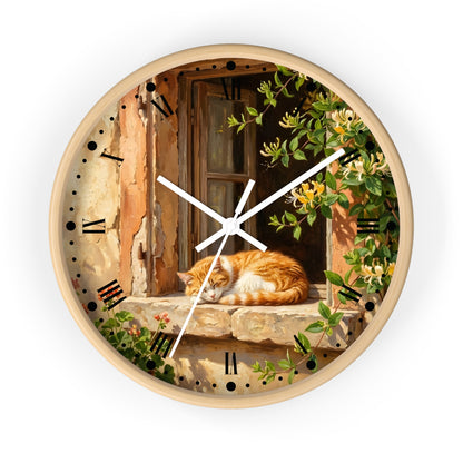 Sleeping Ginger Cat Wall Clock — Rustic Animal Home Decor