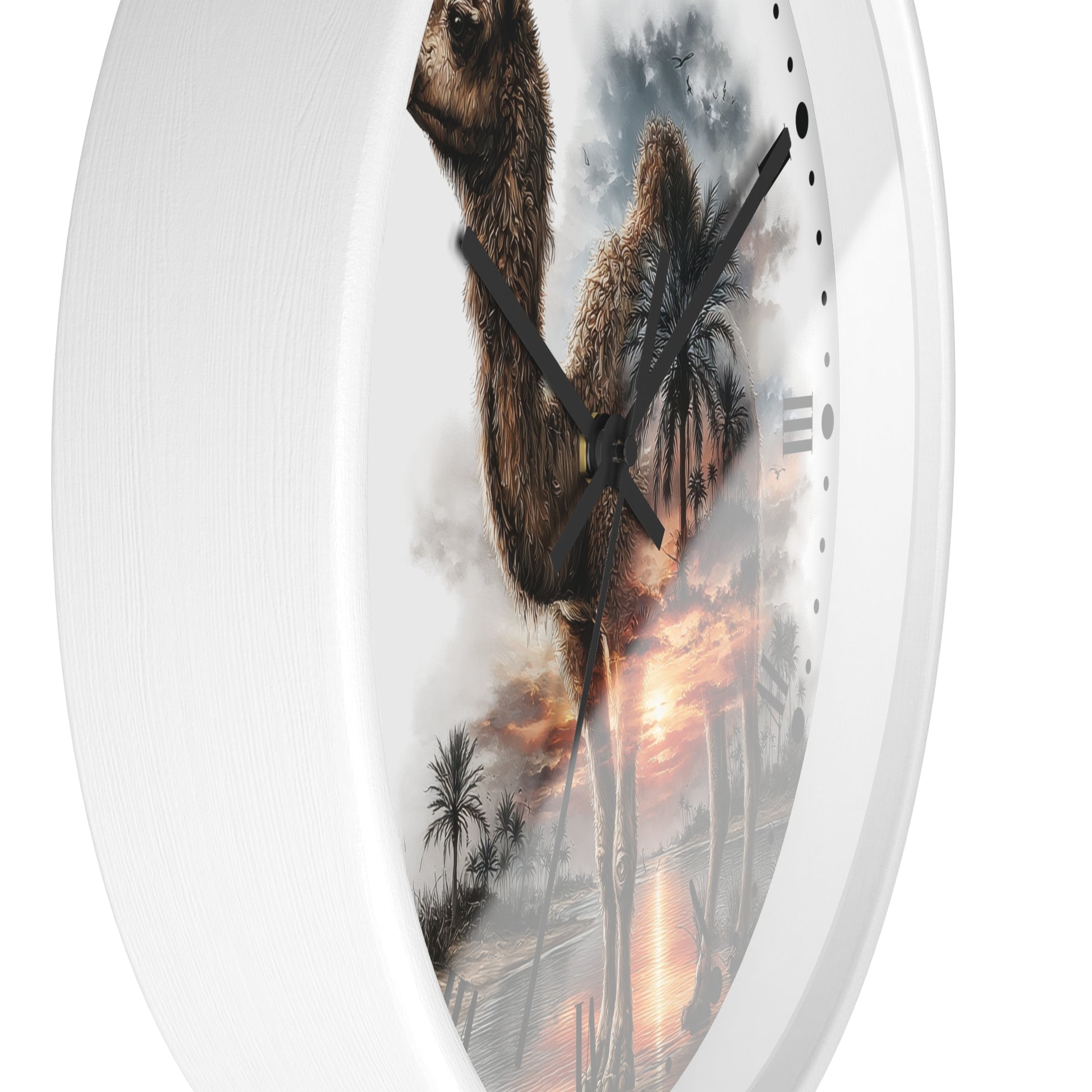 Oval wall clock with a white textured frame and a printed camel landscape design on the face, shown against a plain white background.
