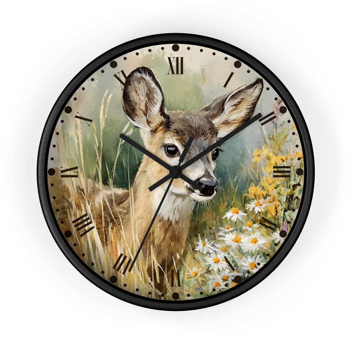 Round wall clock with a black frame and a printed illustration of a deer in a grassy field with flowers, set against a plain white background.